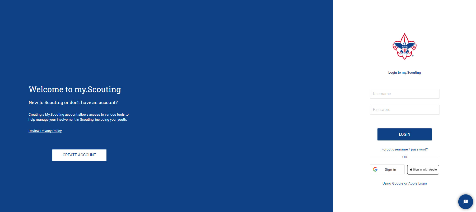 The My.Scouting.Org Login Screen